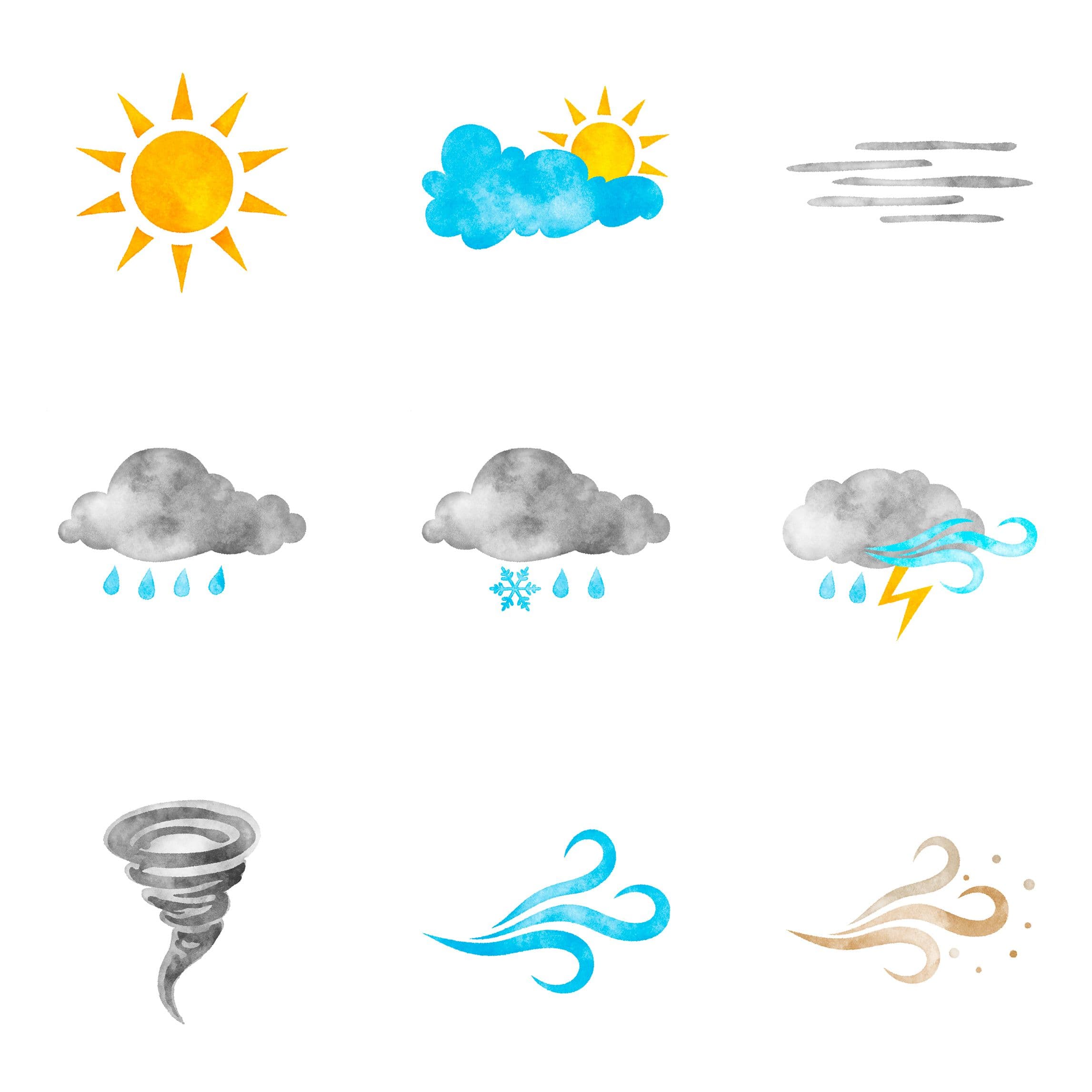 Selection of weather icons in a watercolour style