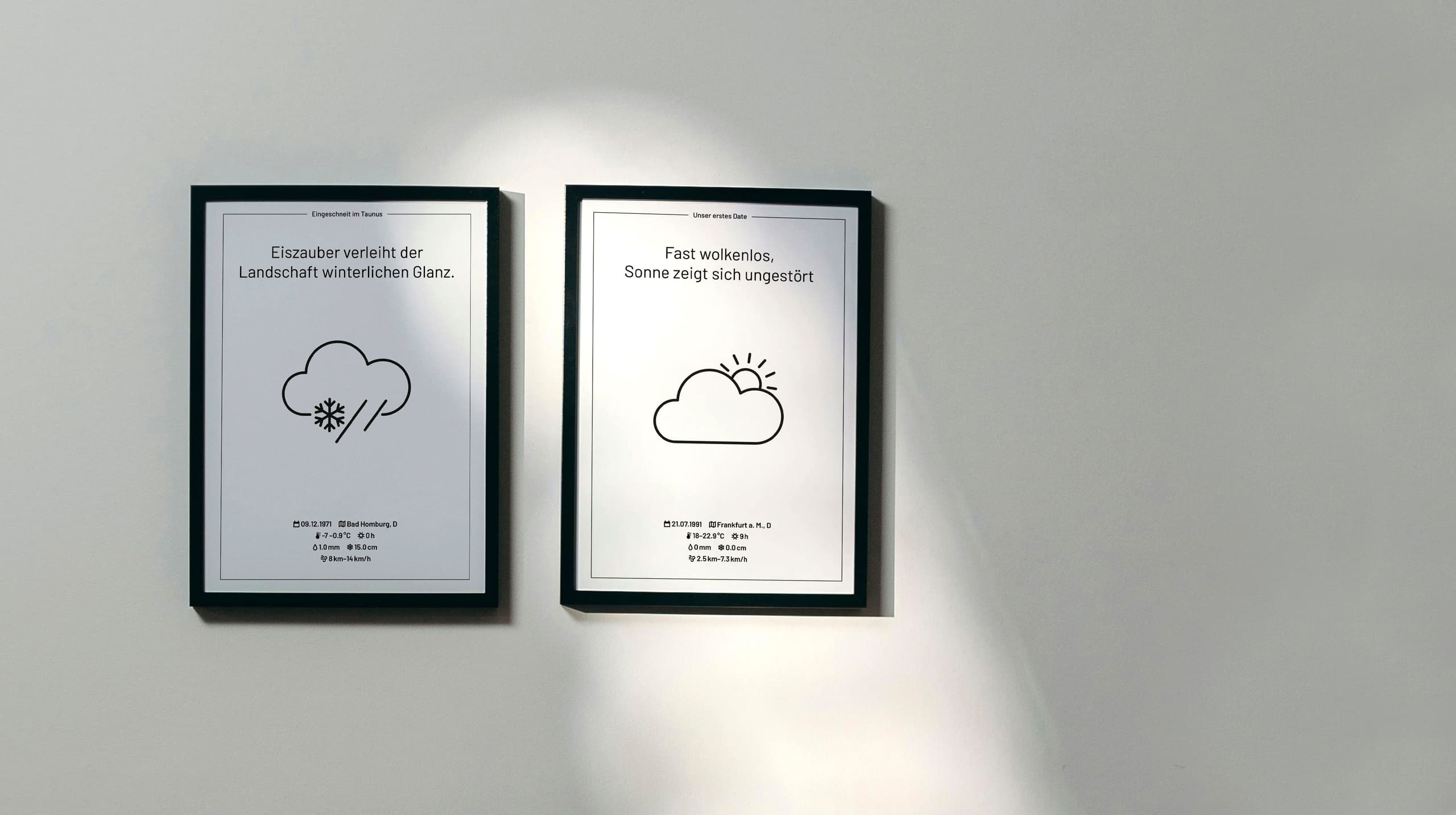 Product mood shot of two black frames on a wall with a linear illustrations of weather icons