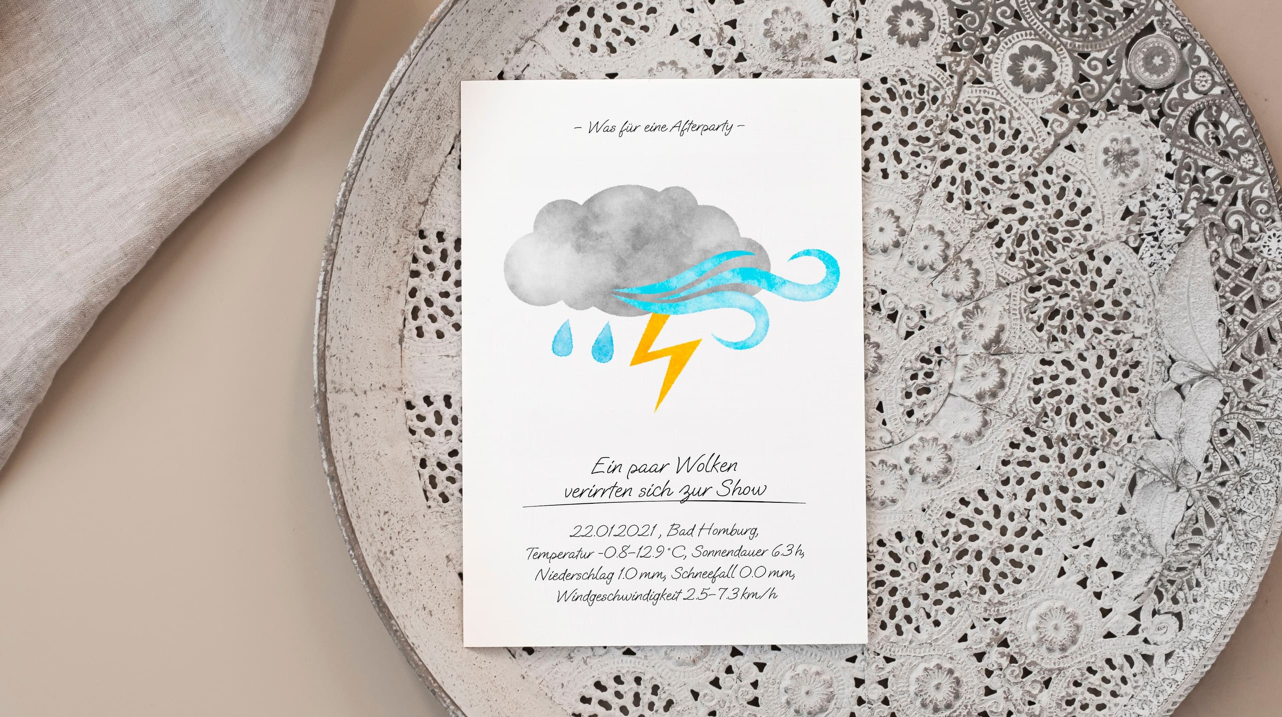 Product mood shot of a card with a watercolour cloud with rain and lightning